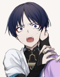  1boy 1girl armor bishounen black_bodysuit black_bridal_gauntlets black_hair blue_eyes blue_sleeves blunt_ends bodysuit bridal_gauntlets bright_pupils covered_collarbone eyeliner female_pov fingernails genshin_impact gold_ring hand_on_another's_face hands_up highres holding_another's_arm japanese_armor kari_flower_uma kote kurokote layered_sleeves looking_at_viewer makeup mandarin_collar middle_ring mother_and_child mother_and_son nervous_sweating open_mouth parent_and_child pink_nails pov pov_hands raiden_shogun red_eyeliner scaramouche_(genshin_impact) short_sleeves shoulder_peek sweat teeth tsurime wanderer_(genshin_impact) white_background white_pupils white_sleeves wide-eyed wispy_bangs 