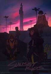  1boy 3girls artist_logo artist_name aurahack backpack bag black_hair black_jacket black_pants closed_mouth clouds cloudy_sky commentary cyberpunk english_text french_flag helmet highres holding holding_unworn_helmet jacket lamppost logo long_hair looking_at_viewer looking_back looking_to_the_side medium_hair multiple_girls original outdoors pants patreon_username ponytail republic_of_china_flag shoes short_hair sitting sky squatting stairs standing sunset transmission_tower ukrainian_flag umbrella untranslatable_commentary unworn_headwear unworn_helmet white_shoes wide_shot yellow_jacket 