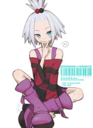  1girl aqua_eyes barcode bluesky_username boots collarbone commentary_request dress grey_hair hair_bobbles hair_ornament hand_up highres knees looking_at_viewer medium_hair noi_(noi_pk27) off-shoulder_dress off_shoulder official_alternate_color pokemon pokemon_masters_ex purple_boots red_dress roxie_(pokemon) sitting solo speech_bubble spread_legs striped_clothes striped_dress tongue tongue_out topknot twitter_username v white_background 