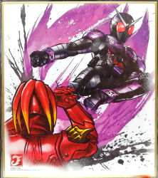  2boys animification armor character_request clenched_hands commentary_request compound_eyes dynamic_pose kamen_rider kamen_rider_joker kamen_rider_w kuchibiru_keisuke multiple_boys rider_belt rider_kick tokusatsu traditional_media 