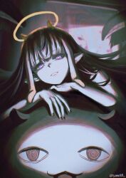  1girl :d @_@ absurdres black_hair black_nails blunt_bangs commentary english_commentary grin halo highres hololive hololive_english long_hair looking_at_viewer nail_polish ninomae_ina'nis pointy_ears sidelocks smile solo sumosumo takodachi_(ninomae_ina'nis) tentacle_hair tentacles very_long_hair violet_eyes virtual_youtuber 