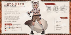 >:( 2girls abs absurdres animal_ears belt black_gloves breasts brown_shorts capelet character_profile color_guide combat_knife dark-skinned_female dark_skin english_text expressionless fingerless_gloves fox_ears fox_girl fox_tail full_body fur-trimmed_gloves fur_trim gloves gradient_hair grey_hair highres jewelry kneehighs knife midriff multicolored_hair multiple_girls navel necklace original pouch red_eyes reverse_grip rikaanillu scabbard sheath short_hair shorts socks tail thigh_belt thigh_sheath thigh_strap toned tooth_necklace unsheathing v-shaped_eyebrows weapon 