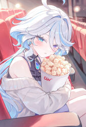  1girl ahoge alternate_costume anger_vein bare_shoulders blue_eyes blue_hair blue_shorts blush chair commentary drop-shaped_pupils food from_side furina_(genshin_impact) genshin_impact hair_intakes heterochromia highres holding holding_food huge_ahoge long_hair long_sleeves looking_at_viewer low_ponytail movie_theater on_chair ponytail popcorn puffy_long_sleeves puffy_sleeves shorts sitting solo sweater symbol-shaped_pupils syos486582 violet_eyes white_hair white_sweater 
