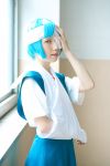  arm_sling ayanami_rei blue_hair cosplay eyepatch neon_genesis_evangelion red_eyes school_uniform 
