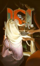  2girls adoptive_parent_and_adoptive_child black_hair blonde_hair bottle brushing_another's_hair brushing_hair candle commentary different_reflection doodoopi4 dress english_commentary facing_away from_behind green_eyes hair_brush highres holding holding_another's_hair holding_hair_brush holding_own_hair juliet_sleeves long_hair long_sleeves looking_at_mirror looking_at_reflection mirror mother_and_child mother_and_daughter mother_gothel multiple_girls parent_and_child perfume_bottle puffy_sleeves purple_dress rapunzel_(disney) red_dress reflection sitting skeleton stool table tangled vanity_table wide_sleeves 