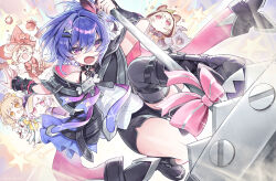  5girls abstract_background black_choker blonde_hair bow-shaped_hair choker closed_eyes commentary_request coppepan dog dress dynamic_pose genshin_impact hair_between_eyes hair_ornament hairclip hammer hat highres holding holding_hammer klee_(blossoming_starlight)_(genshin_impact) klee_(genshin_impact) looking_at_viewer low_twintails multiple_girls official_alternate_costume ofuda ofuda_on_head open_mouth pink_eyes prune_(genshin_impact) purple_hair qiqi_(genshin_impact) raccoon_hood red_hat sayu_(genshin_impact) short_hair side_ponytail solo_focus twintails violet_eyes vision_(genshin_impact) war_hammer weapon witch_hat yaoyao_(genshin_impact) 