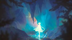  1girl artist_logo artist_name aurahack blurry blurry_foreground cave colored_skin commentary depth_of_field dress glowing grass light_particles logo original patreon_username reflection reflective_liquid ribbon ripples short_hair solo stalactite untranslatable_commentary water white_dress white_ribbon white_skin wide_shot 