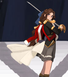  1girl absurdres black_jacket blue_bow blush bow brown_hair closed_mouth dated grey_skirt hair_bow hair_ornament highres holding holding_sword holding_weapon jacket jacket_over_shoulder kart_prowler long_hair long_sleeves looking_at_viewer rapier red_jacket shoujo_kageki_revue_starlight signature single_stripe skirt solo standing sword tendo_maya unworn_jacket violet_eyes weapon 