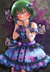  1girl 81_(mellowry) bandaid bandaid_on_arm belt blue_bow blue_dress blush bow closed_mouth commentary_request cowboy_shot dot_mouth dress dress_bow green_hair hair_bow hands_up highres idolmaster idolmaster_million_live! idolmaster_million_live!_theater_days looking_at_viewer nagayoshi_subaru official_alternate_costume pink_belt pink_bow pink_dress pink_eyes plaid_clothes plaid_dress purple_belt qute_x_qualm_(idolmaster) raised_inner_eyebrows short_hair solo standing thigh_belt thigh_strap two-tone_bow two-tone_dress 