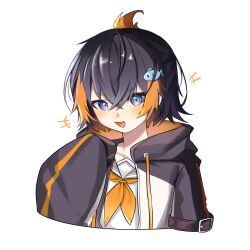  1girl :d absurdres black_hair blonde_hair blue_eyes blush commentary fish_hair_ornament folded_ponytail hair_ornament highres hood hoodie looking_at_viewer multicolored_hair neckerchief nijisanji nijisanji_en petra_gurin short_hair simple_background smile solo streaked_hair stugi untranslatable_commentary upper_body virtual_youtuber white_background yellow_neckerchief 