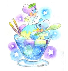  blue_eyes bow closed_mouth commentary_request cubchoo food full_body greenaokimi highres ice_cream leaf leaf_on_head no_humans orange_bow painting_(medium) pocky pokemon pokemon_(creature) simple_background snot star_(symbol) traditional_media watercolor_(medium) white_background 