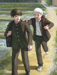  2boys backpack bag black_hair black_pants black_shoes buttons day dress_shirt envihn full_body gakuran hands_on_another's_shoulders highres hikaru_ga_shinda_natsu holding holding_phone indou_hikaru jacket looking_at_another looking_back male_focus mole mole_on_neck mole_under_eye mole_under_mouth multiple_boys multiple_moles open_clothes open_jacket open_mouth outdoors pants phone school_uniform shirt shoes shoulder_bag teeth tsujinaka_yoshiki twitter_username walking white_hair white_shirt white_shoes 