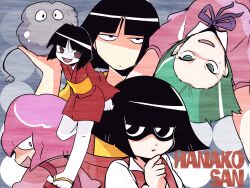  5girls absurdres black_hair blunt_bangs bob_cut collared_dress dress gakkou_no_kaidan_(ova) gakkou_no_kowai_uwasa:_hanako-san_ga_kita!! geta green_eyes green_hair half-closed_eyes hanako-san_(gakkou_no_kaidan) hanako-san_(gakkou_no_kaidan_ova) hanako-san_(gegege_no_kitarou) hanako-san_(youkai_watch) highres japanese_clothes jitome kimono kingshowlove multiple_girls obi patterned_background pink_dress purple_hair purple_ribbon red_kimono red_skirt ribbon romaji_text sash shaded_face shirt simple_background skirt smile suspender_skirt suspenders toes toire_no_hanako-san toire_no_hanako-san_(anime) trait_connection upside-down white_shirt yellow_shirt 