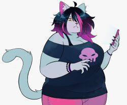  1girl :< ahoge animal_ears animal_nose black_claws black_hair bra_strap bracelet cat_ears cat_girl cat_tail catti_(deltarune) claws colored_sclera delta_(c0denamedelta) deltarune english_commentary fangs fat furry furry_female gradient_hair hair_over_one_eye hand_up highres holding holding_phone jewelry looking_at_viewer multicolored_hair oversized_clothes oversized_shirt pants phone pink_hair pink_pants pink_streaks shirt solo standing streaked_hair tail two-tone_hair utdr_(toby_fox) whiskers white_background white_fur yellow_sclera 