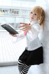  book cosplay death_note death_note_(object) kipi-san nail_polish necktie photo solo striped striped_legwear striped_thighhighs thigh-highs thighhighs 
