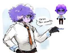  1boy animal_ears animal_hospital_(roblox) collared_shirt commentary english_commentary english_text from_side furry furry_male glasses hand_on_own_hip hand_up highres holding looking_ahead male_focus necktie orange_necktie parted_lips poilubsu purple_fur purple_nose reference_inset roblox round_eyewear secretary_(animal_hospital) sheep sheep_boy sheep_ears shirt shirt_tucked_in sketch sleeve_cuffs solo speech_bubble upper_body white_background wool 