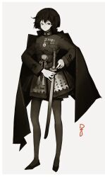  absurdres black_eyes black_hair breast_pocket coat coat_on_shoulders collared_jacket deo_artist highres jacket katana medal monochrome non-web_source original pocket sheath sheathed signature smile sword tagme weapon 