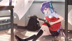  1girl absurdres bag black_bag black_skirt black_socks bottle commentary_request electric_guitar guitar highres holding holding_guitar holding_instrument honshin instrument purple_hair school_uniform shirai_kyoka shirt sitting skirt socks sunlight violet_eyes virtual_youtuber white_shirt 