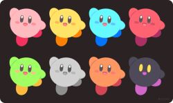 :d arm_up blue_eyes blush_stickers brown_background commentary kirby kirby_(series) looking_at_viewer multiple_views no_humans no_lineart open_mouth rizu_(rizunm) simple_background smile standing standing_on_one_leg yellow_eyes 