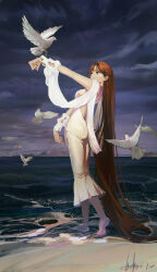  1girl absurdly_long_hair absurdres animal aqua_eyes arm_at_side arm_up backless_dress backless_outfit barefoot beach bird breasts chiaroscuro chinese_commentary closed_mouth clouds cloudy_sky commentary_request dated dove dress from_side highres horizon long_hair looking_at_animal luzhou_zzz medium_breasts ocean original red_hair shawl signature sky soles solo standing straight_hair strapless strapless_dress very_long_hair white_bird white_dress white_shawl 
