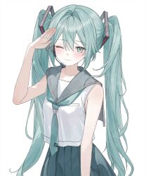  1girl aqua_eyes aqua_hair aqua_necktie bare_shoulders closed_mouth collarbone dot_nose hair_between_eyes hair_intakes hair_ornament hand_up hatsune_miku highres karyln long_hair looking_at_viewer necktie one_eye_closed pleated_skirt sailor_collar salute shirt sidelocks simple_background skirt sleeveless sleeveless_shirt solo tie_clip twintails upper_body very_long_hair vocaloid white_background white_shirt 