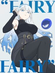  armpits belt black_undershirt blue_eyes breasts colored_eyelashes commentary_request crossed_bangs detached_sleeves fairy_(zenless_zone_zero) headband high-waist_skirt highres hoyofair large_breasts long_hair looking_at_viewer lpydr7 multicolored_hair pantyhose personification pinup_(style) skirt thigh_belt thigh_strap two-tone_hair very_long_hair white_background white_eyelashes white_hair zenless_zone_zero 