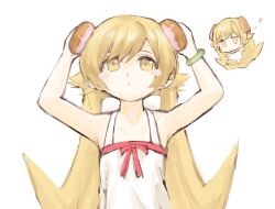  1girl bare_shoulders blonde_hair doughnut dress food highres holding holding_food kou313l long_hair monogatari_(series) open_mouth oshino_shinobu very_long_hair white_background white_dress yellow_eyes 