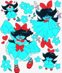  1girl :d an-coinin aqua_(deltarune) black_hair blue_dress blue_flower blue_skin bow chibi chibi_inset collar colored_skin deltarune dress english_commentary fang flower footwear_bow frilled_collar frilled_sleeves frills hair_bow hair_over_eyes hand_up heart knife long_hair long_sleeves multiple_views one-eyed open_mouth red_bow red_collar red_shoes shoes simple_background sleeves_past_fingers sleeves_past_wrists smile sparkle utdr_(toby_fox) white_background 