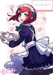  1girl alternate_costume apron arm_ribbon back_bow black_dress black_pantyhose blue_gem blush bow bowtie collared_dress commentary_request cowboy_shot cup danganronpa_(series) danganronpa_v3:_killing_harmony dress flying_sweatdrops food-themed_background frilled_apron frilled_dress frilled_hairband frills from_side fruit_background gem gem_hair_ornament gingham_background green_ribbon hair_bow hairband highres holding holding_tray juliet_sleeves long_sleeves looking_at_viewer maid maid_apron marshmallow_(site) open_mouth orange_eyes pantyhose plate puffy_dress puffy_sleeves red_hair request_inset ribbon running short_hair solo spilling strawberry_background superchinhair sweatdrop tea teacup tray white_apron white_bow yumeno_himiko 