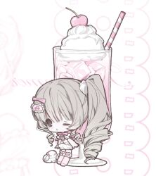 1girl 2000s_(style) ;d adorable animal blunt_bangs bow brown_eyes brown_hair cherry chibi chibi_only curly_hair cute dot_nose drink drinking_straw eyebrows_visible_through_hair faux_retro_artstyle female female_only food food_focus frills fruit full_body girl hair_ornament ice_cream ice_cube kawaii long_hair moe one_eye_closed open_mouth original pale_color pale_skin pastel_colors pink_bow pink_thighhighs ponytail puffy_short_sleeves puffy_shorts puffy_sleeves rabbit short_sleeves shorts side_ponytail straw striped thigh-highs whipped_cream white_background white_bunny white_fur white_rabbit_(animal) white_shorts white_sleeves wholesome wishcore yuaria_s2s2
