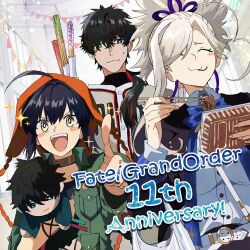  ahoge anniversary baseball_jersey baseball_uniform beanie belt black_hair black_jacket blue_bow blush_stickers bow bowtie braid brown_choker character_doll choker chopsticks churro closed_eyes collared_shirt commentary_request doll earflap_beanie eating fate/grand_order fate_(series) food green_jacket grey_hair hair_over_one_eye hat highres holding holding_chopsticks holding_churro jacket jersey long_single_sidelock miyamoto_iori_(fate) miyamoto_iori_(fgo_fes._2026)_(fate) miyamoto_musashi_(fate) miyamoto_musashi_(fgo_fes._2026)_(fate) noodles orange_eyes orange_hat pennant pirohi_(pirohi214) pointing school_uniform shirt sidelocks single_blush_sticker single_braid single_sidelock smile sparkle sportswear string_of_flags sweat white_belt white_shirt yakisoba yamato_takeru_(fate) yamato_takeru_(over_the_same_sky)_(fate) 