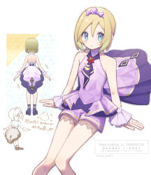  1girl bare_shoulders blonde_hair blush breasts collarbone commentary_request dress hair_between_eyes headband highres irida_(anniversary_2025)_(pokemon) irida_(pokemon) looking_at_viewer multiple_views neckerchief noi_(noi_pk27) official_alternate_costume parted_lips pokemon pokemon_masters_ex purple_dress purple_headband purple_neckerchief purple_shorts purple_wrist_cuffs shoes short_hair shorts shorts_under_dress sleeveless sleeveless_dress translation_request wrist_cuffs 