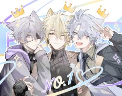  2357439177z 3boys absurdres alternate_costume animal_ear_fluff animal_ears antenna_hair black_jacket black_necktie black_shirt black_sweater blonde_hair blue_background blue_eyes blush border brown_jacket cat_ears clenched_hand closed_mouth collared_shirt crossed_bangs crown diamond-shaped_pupils diamond_(shape) earclip ears_down eyepatch fingernails four-pointed_star green_shirt grey_hair grey_hoodie hair_between_eyes hand_on_own_face hand_up heart highres honkai:_star_rail honkai_(series) hood hooded_jacket hoodie jacket kemonomimi_mode lapels long_hair_between_eyes long_sleeves looking_at_viewer male_focus multiple_boys multiple_persona neck_tattoo necktie numbered one_eye_closed open_clothes open_hoodie open_jacket outside_border phainon_(flame_reaver)_(honkai:_star_rail) phainon_(honkai:_star_rail) phainon_(khaslana)_(honkai:_star_rail) shirt short_hair shy smile sun_symbol sun_tattoo sweatdrop sweater symbol-shaped_pupils tattoo text_background turtleneck turtleneck_sweater upper_body v violet_eyes white_border yellow_eyes yellow_pupils 