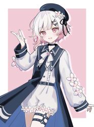  1girl absurdres belt beret black_belt black_choker capelet choker coat commentary edano_(8ed_mm8) flower gradient_hair hair_flower hair_ornament hat highres long_sleeves mahou_shoujo_no_majo_saiban multicolored_hair open_mouth pink_eyes pink_hair ribbon sakuraba_ema shirt short_hair sleeveless sleeveless_coat solo standing thigh_belt thigh_strap untranslatable_commentary white_hair white_shirt 
