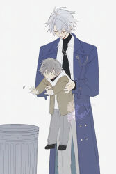  2boys aged_down alternate_costume antenna_hair artist_name belt black_shirt black_shoes blue_belt blue_jacket blush brown_jacket buttons caelus_(honkai:_star_rail) caelus_(little_cat)_(honkai:_star_rail) carrying carrying_person chain child closed_eyes closed_mouth collared_shirt commentary_request crossed_bangs feet_out_of_frame full_body gold_chain gold_necklace grey_hair grey_pants hair_between_eyes highres honkai:_star_rail honkai_(series) hood hoodie jacket jewelry kudaneko lapels long_sleeves looking_at_object male_focus multiple_boys necklace official_alternate_costume open_clothes open_jacket open_mouth open_shirt pants phainon_(express_travel)_(honkai:_star_rail) phainon_(honkai:_star_rail) shirt shoes short_hair simple_background smile standing star_ornament trailblazer_(honkai:_star_rail) trash_can turtleneck turtleneck_shirt white_background white_hair white_hoodie white_pants white_shirt yellow_eyes 
