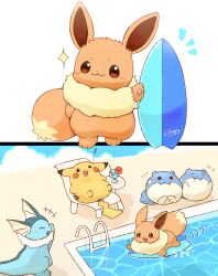  absurdres animal_focus blush closed_mouth commentary_request eevee fangs fins head_fins highres lying mimix musical_note no_humans on_back open_mouth pikachu pokemon pokemon_(creature) pokemon_focus pool poolside smile spheal surfboard tail vaporeon water 