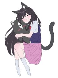  1girl animal_ears black_sweater_vest blush cat_ears cat_girl cat_tail character_pillow closed_mouth collared_shirt commentary_request fang full_body hair_between_eyes highres long_hair mari_(faraway)_(omori) mari_(omori) omori pleated_skirt red_skirt shibai_n shirt simple_background skin_fang skirt smile socks solo something_(omori) sweater_vest tail very_long_hair white_background white_shirt white_socks 