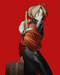  1boy absurdres ahoge ass automail black_pants blonde_hair braid commentary dyga2tu4 edward_elric flamel_symbol from_side fullmetal_alchemist highres holding holding_suitcase jacket jacket_partially_removed long_hair looking_at_viewer looking_to_the_side male_focus mechanical_arms pants ponytail red_background simple_background single_mechanical_arm solo suitcase 