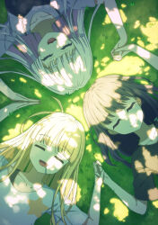  3girls absurdres ahoge black_hair black_shirt cho_kaguya-hime! closed_eyes closed_mouth colored_inner_hair commentary day grass highres holding_hands indoors kaguya_(cho_kaguya-hime!) long_hair lying mole mole_under_eye multicolored_hair multiple_girls on_back open_mouth pink_hair runami_yachiyo sakayori_iroha shirt thereaakari untranslatable_commentary white_hair white_shirt 