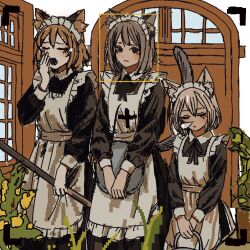  3girls animal_ears apron black_dress black_eyes brown_hair bucket cat_ears cat_girl cat_tail door dress height_difference highres holding holding_bucket holding_tray long_sleeves maid maid_apron maid_headdress medium_hair multiple_girls negiboushi no_sclera nose_bubble original puffy_long_sleeves puffy_sleeves sleeping sleeping_upright tail tray viewfinder yawning 