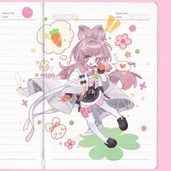 ! !! >_< 1girl :d ahoge animal_ear_fluff animal_ears arknights artist_name black_shoes black_skirt capelet carrot chinese_commentary clover commentary_request fingerless_gloves flower four-leaf_clover full_body fur-trimmed_skirt fur_trim gloves hand_up heart highres lined_paper long_hair looking_at_viewer open_mouth orange_gloves paper_background pink_eyes pink_flower pink_hair pouch rabbit rabbit_ears rabbit_girl shoes skirt smile solo sparkle spoken_food spoken_heart standing thigh-highs thigh_pouch thumpy_(arknights) white_capelet white_thighhighs yinanhuahua 