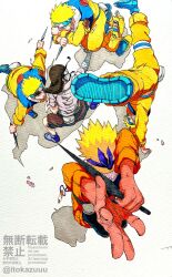  2boys battle black_hair blonde_hair commentary_request facial_mark fighting_stance forehead_protector highres holding holding_kunai holding_weapon hyuuga_neji itokazuuu jacket konohagakure_symbol kunai male_focus multiple_boys naruto_(classic) naruto_(series) orange_jacket orange_pants pants spiky_hair uzumaki_naruto uzumaki_symbol vs weapon whisker_markings 