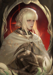  1girl absurdres armor artist_name blonde_hair braid cloak commentary elden_ring gauntlets helmet highres holding impasto looking_at_viewer medium_hair needle_knight_leda piscina unworn_headwear unworn_helmet white_cloak yellow_eyes 