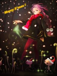  1girl black_background black_boots black_coat blurry blurry_background boots bracelet braid braided_ponytail cast closed_mouth coat commentary_request creature cropped crystal_necklace english_text eyelashes fantasy forest full_body hair_between_eyes hand_up hat jewelry jun_(navigavi) light_particles long_hair long_sleeves looking_at_viewer looking_to_the_side merry_christmas nature nose open_hand original pantyhose pom_pom_(clothes) purple_hair red_hat red_pantyhose red_scarf santa_hat scarf smile snowing solo unfinished violet_eyes walking wide_sleeves 
