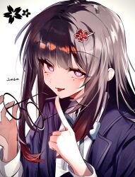  1girl blazer blue_jacket brown_hair collared_shirt commentary_request flower-shaped_pupils flower_hairpin fukafuka_ekaki highres holding holding_removed_eyewear honkai:_star_rail honkai_(series) jacket long_hair looking_at_viewer official_alternate_costume open_clothes open_jacket pink_eyes pointing pointing_up round_eyewear school_uniform shirt smile solo sparkle_(honkai:_star_rail) sparkle_(school_uniform)_(honkai:_star_rail) symbol-shaped_pupils tongue tongue_out unworn_eyewear white_shirt 