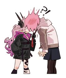  !? 2girls aita_draws black_jacket black_skirt blush clothes_grab commentary cropped_legs demon_horns earrings english_commentary fate/grand_order fate_(series) hand_in_pocket highres hood hoodie horns jacket jewelry lilith_(fate) lilith_(first_ascension)_(fate) long_hair long_sleeves mash_kyrielight multiple_earrings multiple_girls necktie necktie_grab neckwear_grab pink_hair pointy_ears red_necktie short_hair simple_background skirt twintails white_background white_hoodie yuri 