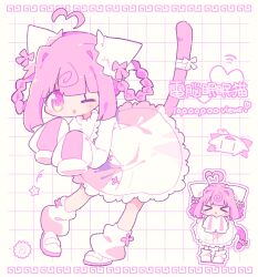  >_< 1girl :3 ;3 @_@ absurdres ahoge animal_ears bandaged_tail bent_over blunt_bangs blush braid braided_hair_rings cat_ears cat_girl cat_tail chibi commentary_request cross-laced_clothes cross-laced_dress detached_ahoge dress food frilled_dress frilled_dress_collar frills from_side full_body grid_background hair_rings hands_up heart heart_ahoge highres indie_utaite indie_virtual_youtuber kamaboko long_sleeves loose_socks meandros milestone_celebration momone_chinoi multiple_views narutomaki nekomo_(yumenkmc) one_eye_closed open_mouth pink_eyes pink_hair puritan_collar ribbon shoes short_dress short_hair simple_background sleeves_past_fingers sleeves_past_wrists socks standing star_(symbol) tail tail_ornament tail_ribbon utaite uwabaki virtual_youtuber white_dress white_socks 