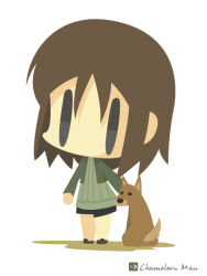  1girl animal artist_name black_eyes black_shorts brown_hair brown_shoes chameleon_man_(three) character_request chibi chibi_only commentary_request dog double-parted_bangs full_body green_jacket green_shirt hair_between_eyes jacket long_sleeves no_lineart open_clothes open_jacket shirt shoes short_hair shorts sidelocks simple_background solo standing strike_witches white_background world_witches_series 