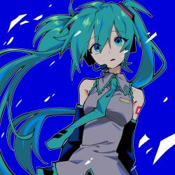  1girl aqua_eyes aqua_hair aqua_necktie bare_shoulders black_sleeves blue_background blue_eyes breasts collared_shirt commentary detached_sleeves grey_shirt hair_between_eyes hair_ornament hatsune_miku headphones headset highres ka_howareyou long_hair looking_at_viewer medium_breasts necktie parted_lips shirt shoulder_tattoo simple_background skirt sleeveless sleeveless_shirt solo tattoo twintails upper_body very_long_hair vocaloid 