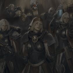  1girl adepta_sororitas armor bolter breasts commentary energy_gun english_commentary eyepatch facial_tattoo fleur-de-lis holding holding_weapon imperium_of_man looking_at_viewer luminiation multiple_girls orders_hospitaller pauldrons plasma_pistol power_armor purity_seal scar scar_on_face science_fiction servo-skull short_hair shoulder_armor skull tattoo warhammer_40k weapon 